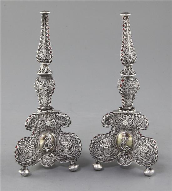 A pair of antique continental silver filigree and gem set bases, 17.5cm.